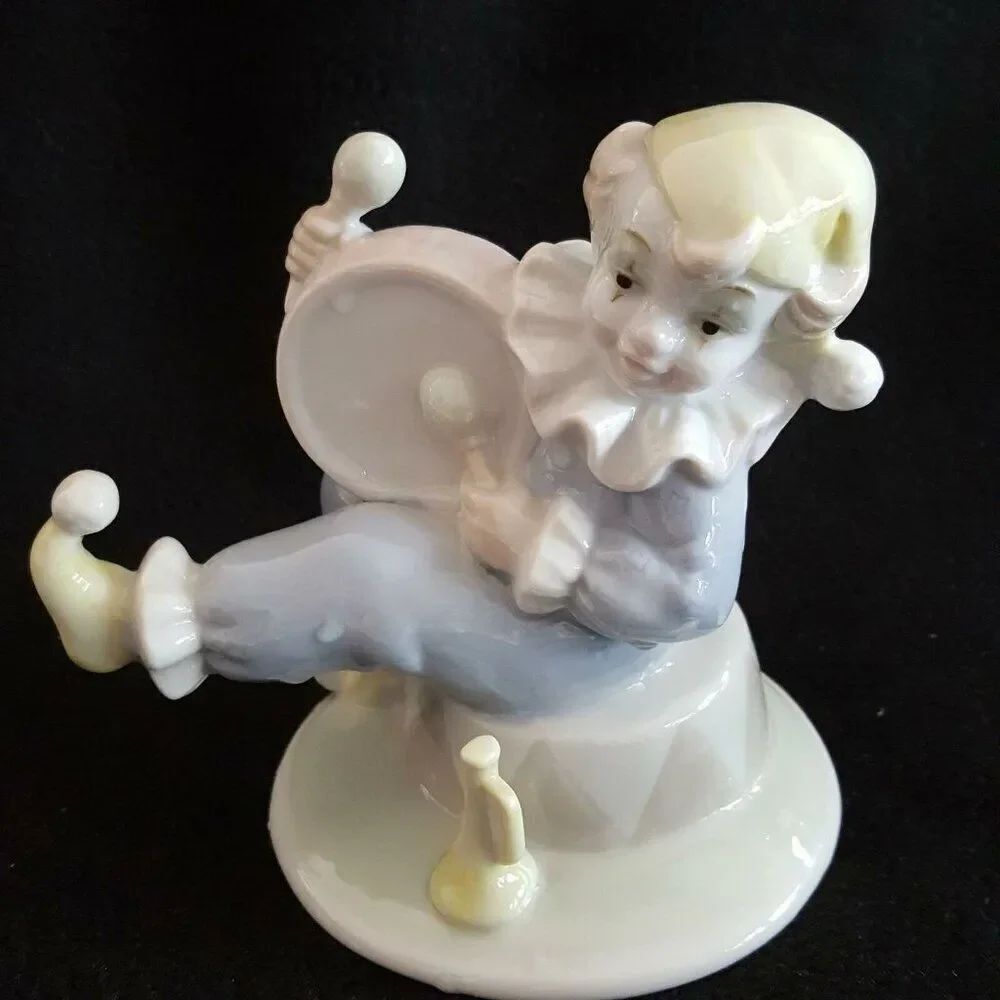 Vintage Valentino Clown Jester Drum Sculpture Figurine 5" Wooden Base